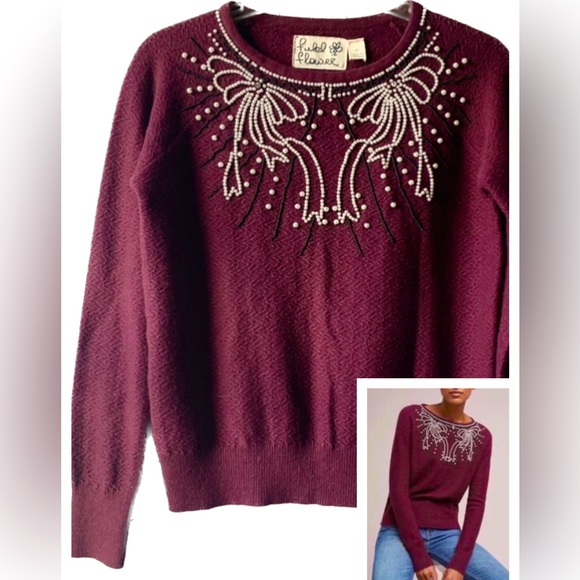 Anthropologie Field Flower Pearled Bow Embellished Sweater Size-XS - Picture 11 of 13